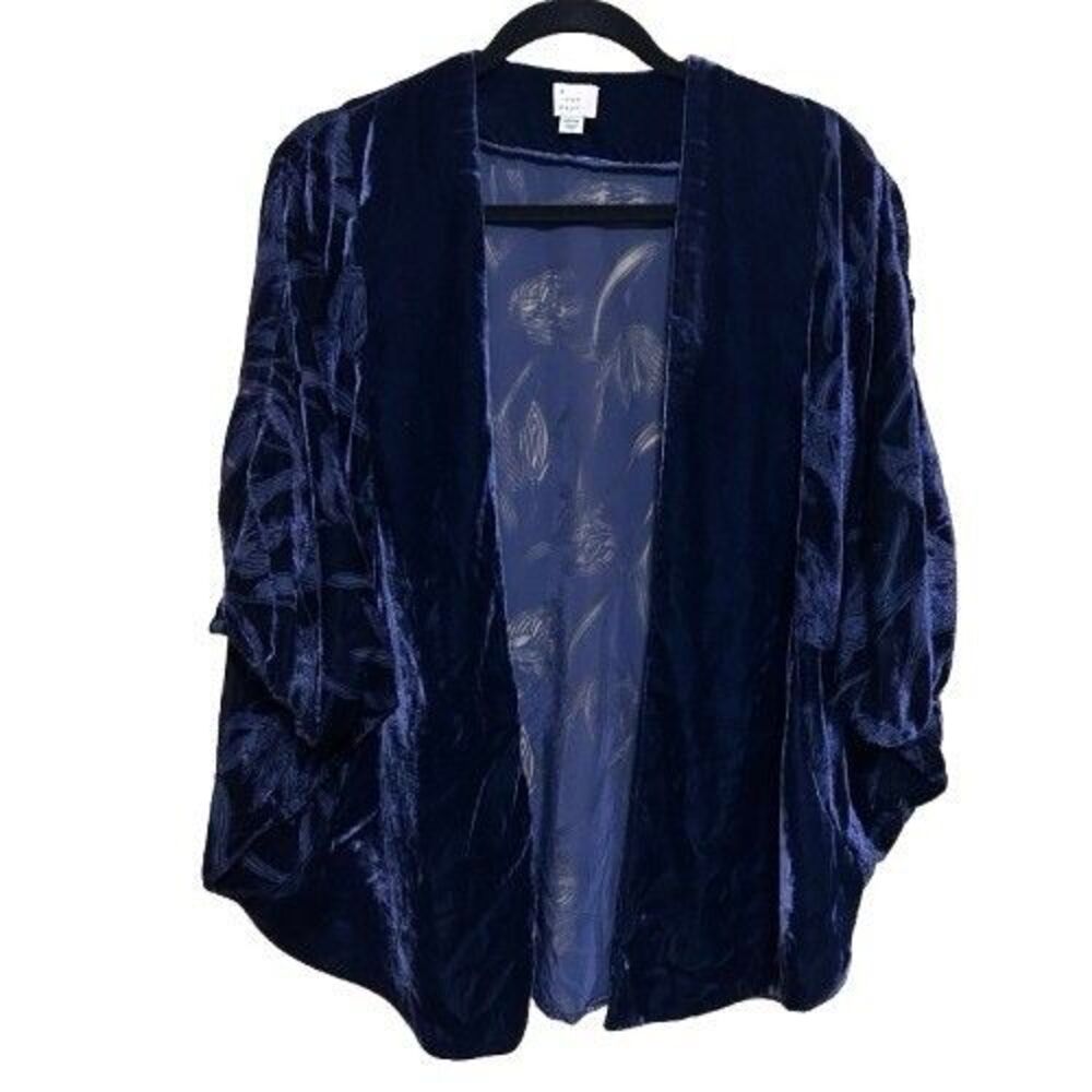 A New Day Blue Velvet Burnout Kimono OSFM One Size Boho Whimsigoth Sheer Floral